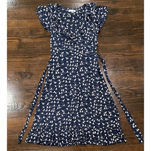 Rocha John Rocha Dainty Novelty Bird Print Dress 8 Tie Waist Ruffle Neck & Hem - Picture 1 of 5